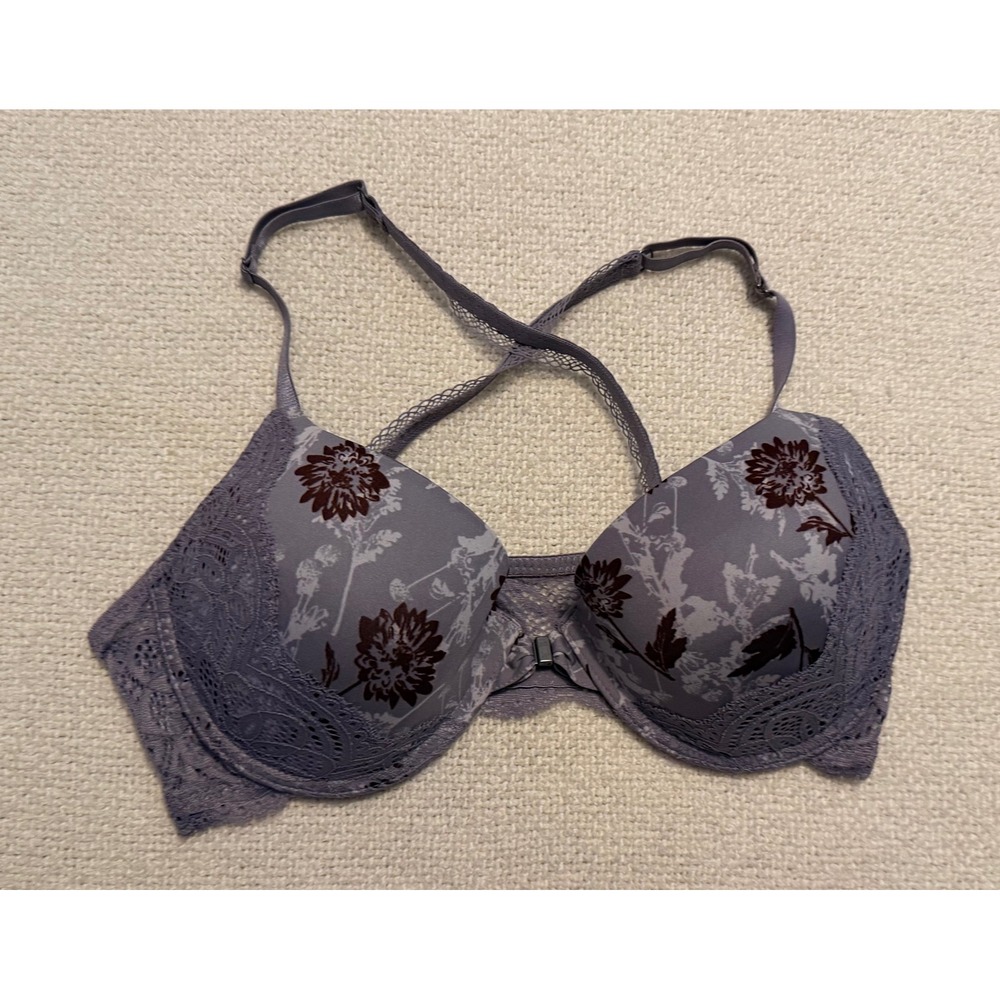 Jessica Simpson Purple Floral Lace Racerback Front Close Push Up Bra 38C